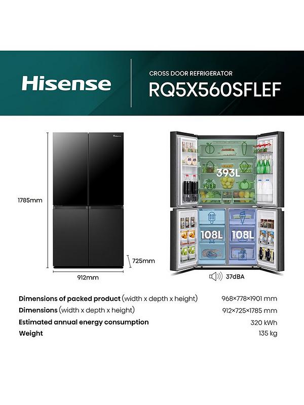 Hisense PureFlat Elite RQ5X560SFLEF Cross Door American Fridge Freezer - Black Glass and Stainless Steel - Image 6
